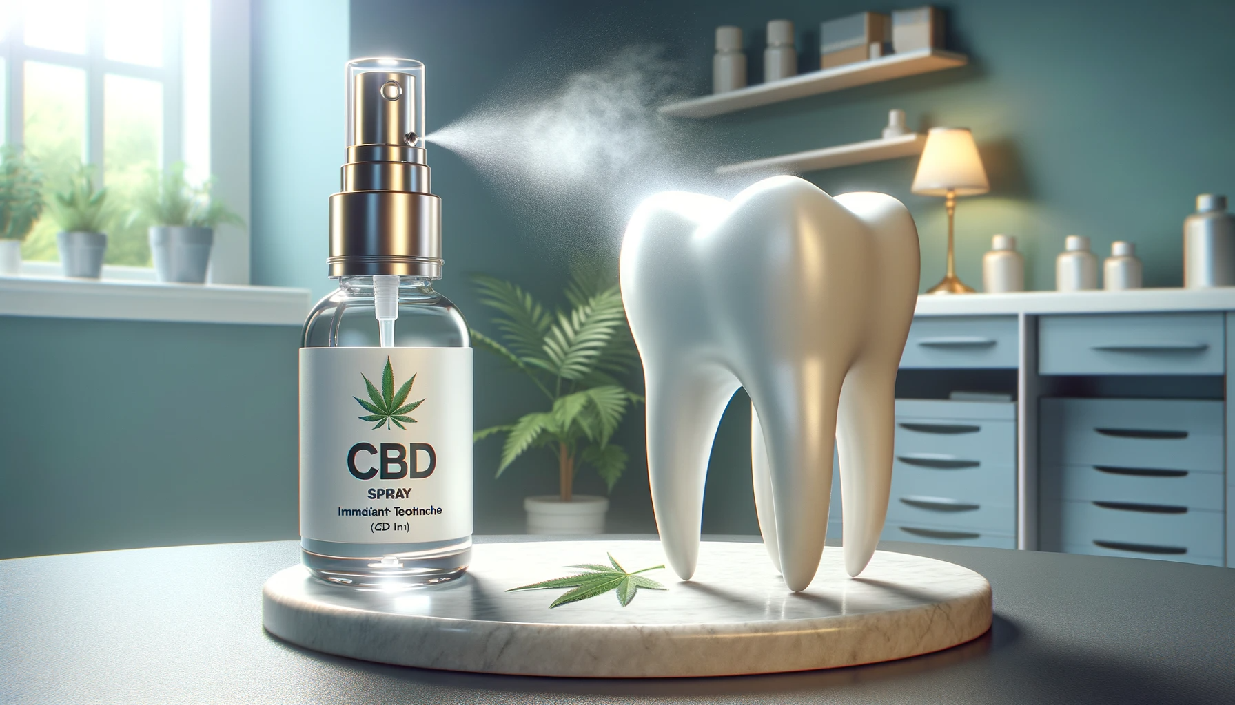 L'image présente un spray au CBD avec un nuage visant une dent, démontrant son utilisation pour un soulagement immédiat de la douleur dentaire.