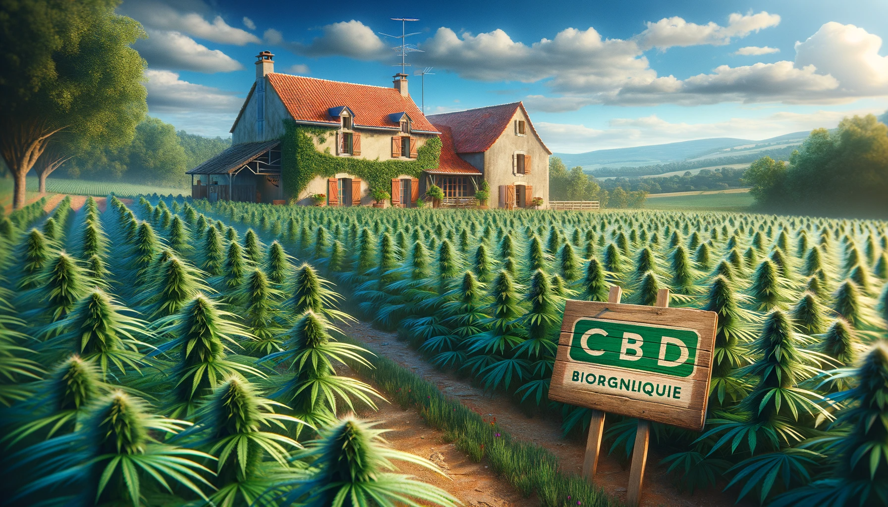 Champs de chanvre étendus avec un panneau "CBD biologique" devant une maison de ferme française traditionnelle sous un ciel bleu.