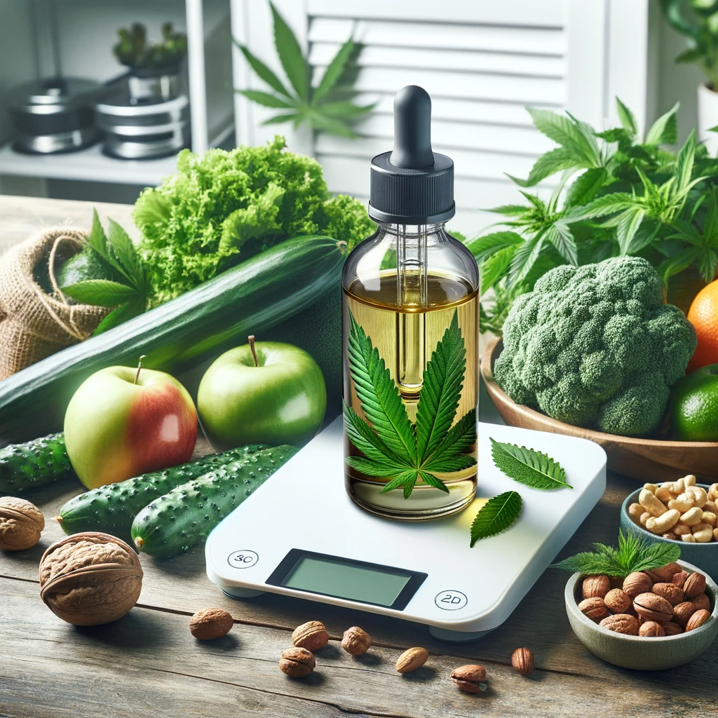 Cette image capture l'essence du CBD comme un allié naturel dans la quête de la minceur et du contrôle de l'appétit. Au centre, un flacon d'huile de CBD transparente, symbolisant pureté et qualité, est entouré de superaliments à faible teneur calorique comme des légumes verts croquants, des fruits frais et des noix nutritives. Une balance de cuisine moderne met en avant une perte de poids réussie, évoquant la précision et l'efficacité du CBD dans la gestion du poids. L'arrière-plan est orné de plantes verdoyantes et d'un espace de cuisine épuré, reflétant un mode de vie sain et équilibré. Cette composition est non seulement esthétiquement plaisante mais aussi riche en symboles, parfaitement adaptée pour les personnes recherchant une méthode naturelle pour réduire leur appétit et favoriser la perte de poids avec le CBD