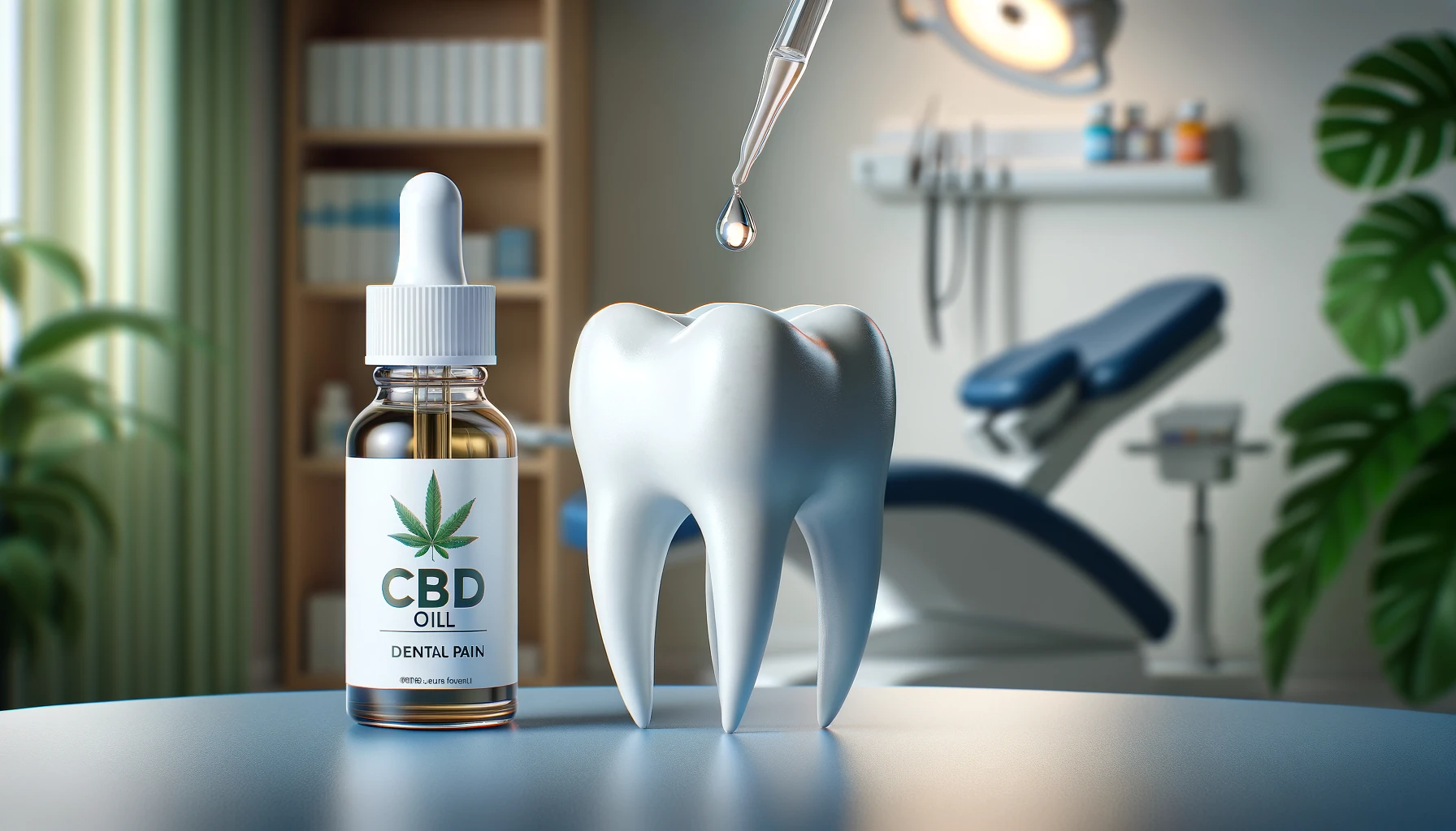 Image d'une bouteille d'huile de CBD avec une goutte tombant sur une dent illustrée, symbolisant le soulagement ciblé des maux de dents