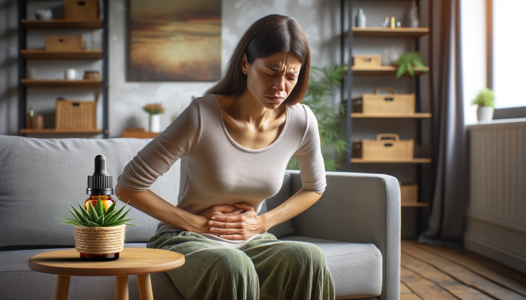 Une femme assise sur un canapé, tenant son abdomen avec une expression douloureuse, à côté d'une table avec une bouteille d'huile de CBD, symbolisant un remède potentiel pour l'endométriose.