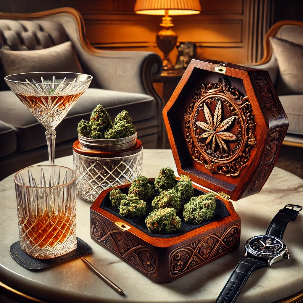 L'image montre un salon luxueux avec une table en marbre. Sur cette table, une boîte en bois exotique finement sculptée est ouverte, révélant des bourgeons de cannabis soigneusement disposés aux couleurs vibrantes. À côté de la boîte, un verre en cristal rempli d'un cocktail raffiné et une montre de luxe sont placés de manière décontractée. L'éclairage est doux, créant une ambiance chaleureuse et sophistiquée qui met en valeur le cannabis comme un produit de luxe dans un cadre élitiste.