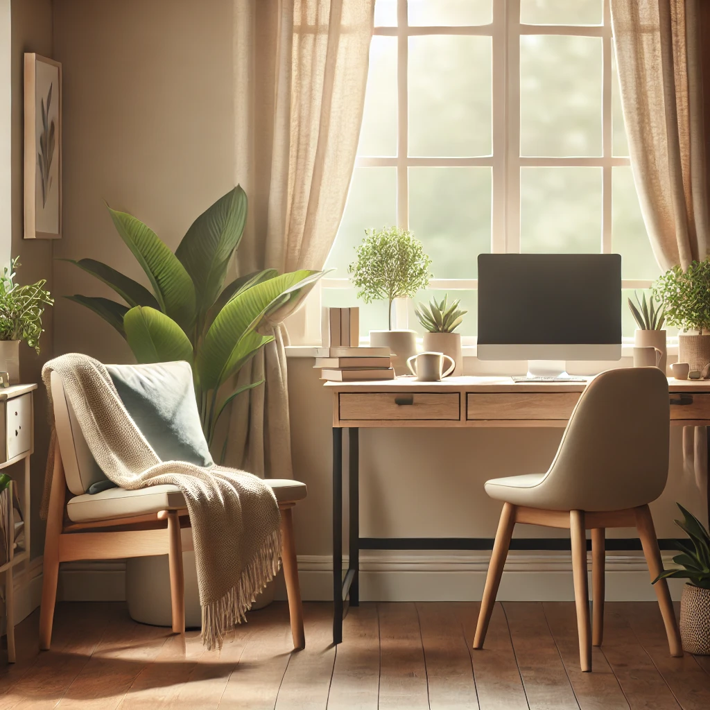 piece calme feutré au repos avec chaise et bureau cozy