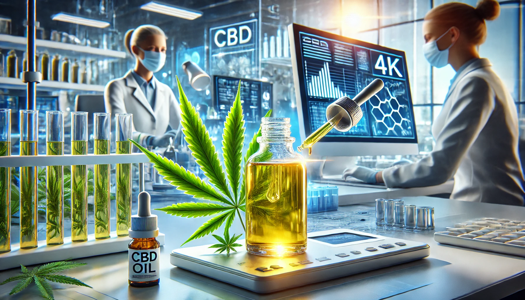 Image d’un laboratoire de pointe où des flacons d’huile de CBD sont testés avec des outils scientifiques modernes. Au premier plan, un flacon de CBD doré est mis en valeur, entouré de feuilles de cannabis et d’équipements de laboratoire.