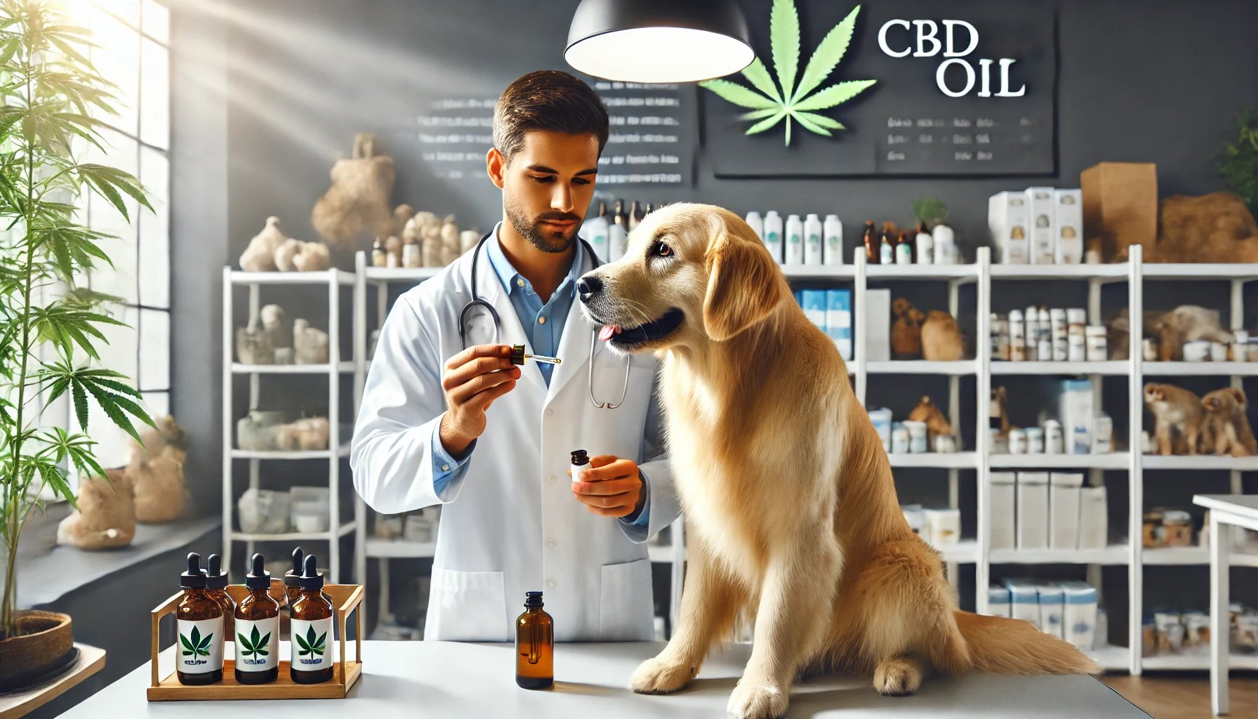 Un vétérinaire administre calmement de l'huile de CBD à un Golden Retriever assis dans une clinique vétérinaire moderne, utilisant une pipette pour déposer l'huile dans la bouche du chien.