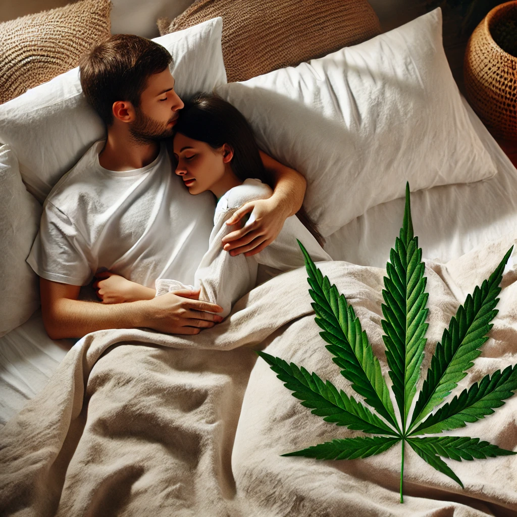 couple au lit avec une feuille de cbd dans une ambiance relaxante