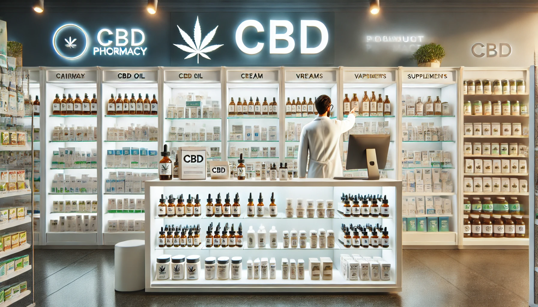 Une pharmacie moderne avec un affichage bien organisé des produits au CBD, incluant huiles, crèmes et compléments alimentaires. Le pharmacien aide un client, et un panneau informe sur la législation relative au CBD.