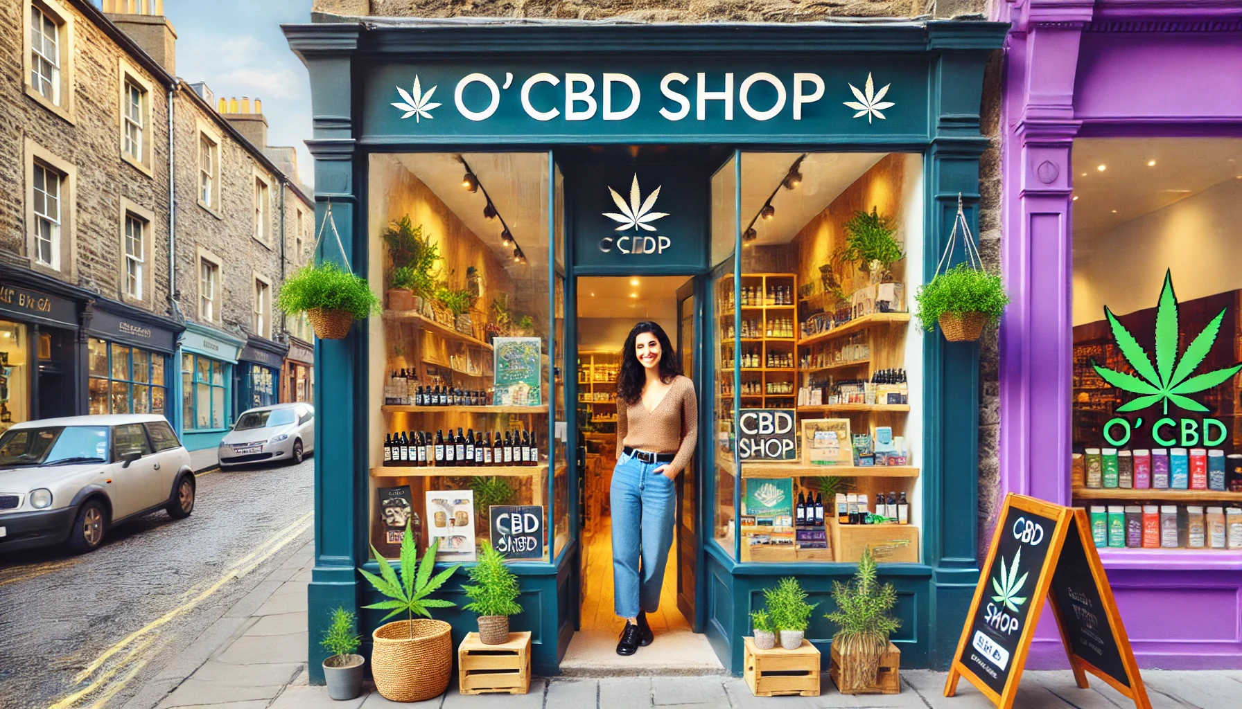 Carla-Marie Lernould devant sa boutique O’CBD Shop, une boutique moderne et chaleureuse de produits au CBD, située dans une rue piétonne tranquille à Alençon.