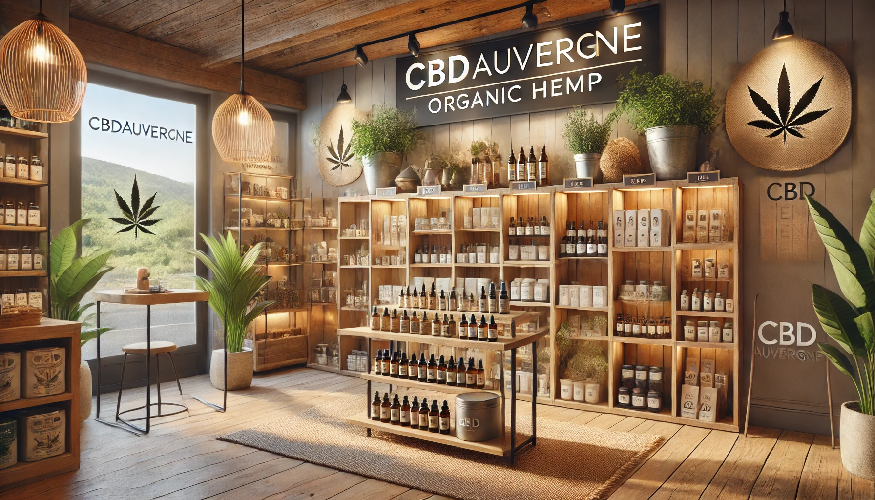 L'image montre un intérieur chaleureux et moderne de la boutique "CBDauvergne", avec des étagères en bois présentant des produits à base de CBD et de chanvre bio, tels que des huiles, des infusions et des cosmétiques. L'ambiance calme et naturelle évoque un espace dédié au bien-être, avec une décoration soignée et un éclairage doux