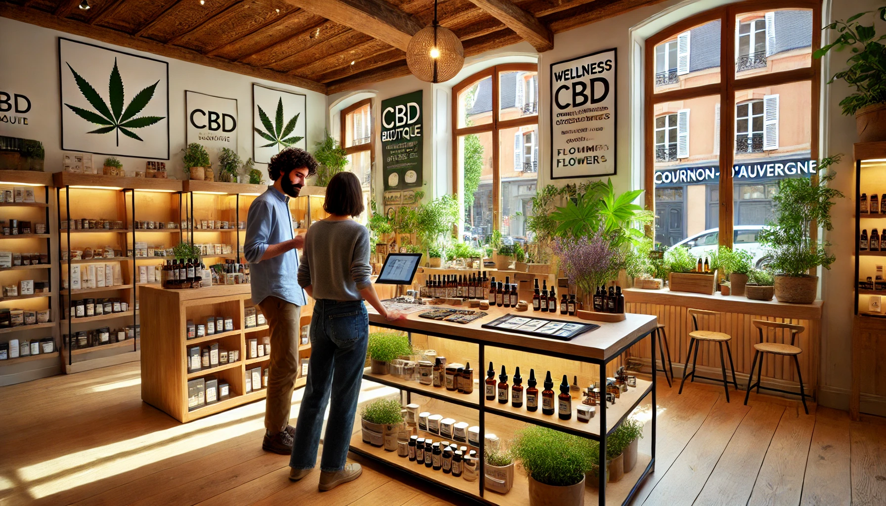 Vue intérieure de la Boutique du CBD à Cournon-d’Auvergne, avec des étagères en bois garnies de produits au CBD comme des huiles, fleurs séchées et crèmes, dans une ambiance chaleureuse et naturelle