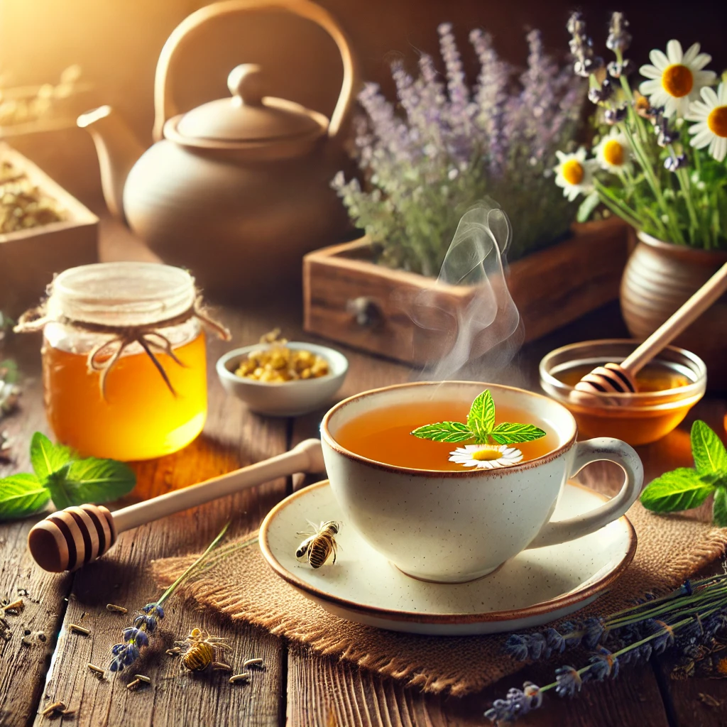 Une tasse de tisane au CBD fumante posée sur une table en bois, entourée de fleurs de camomille, de brins de lavande et de feuilles de menthe, avec une lumière douce mettant en valeur l'ambiance